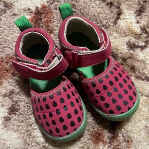 Livie & Luca Pink Mary Janes with Green Trim and Black Dot Print
